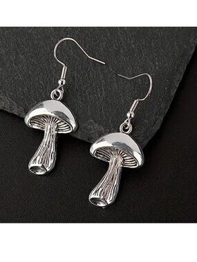 Mushroom Earrings Hippie Core 3D Silver Alice Wonderland Trippy Dangle Trendy